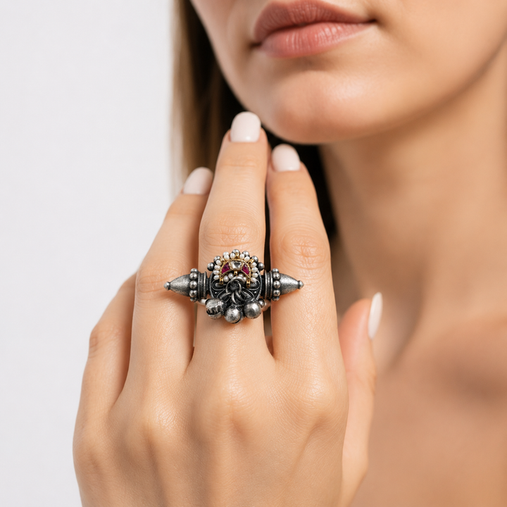 Antique Silver Maroon Pearl-Style Bell Statement Ring