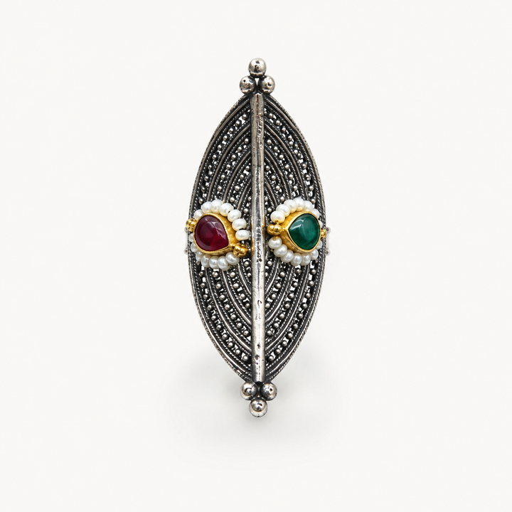 Antique Silver Pearl-Style Navette Statement Ring
