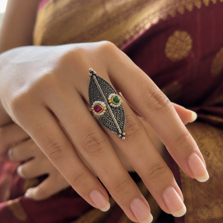 Antique Silver Pearl-Style Navette Statement Ring