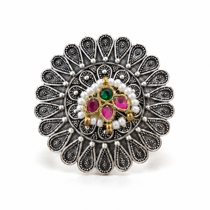 Antique Silver Floral Mandala Pearl-Style Statement Ring