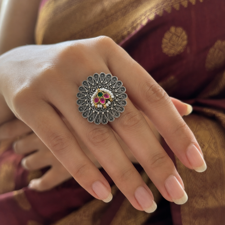 Antique Silver Floral Mandala Pearl-Style Statement Ring