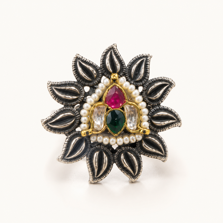 Antique Silver-Tone Pearl-Style Floral Statement Ring