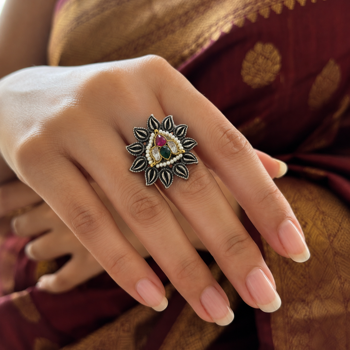 Antique Silver-Tone Pearl-Style Floral Statement Ring