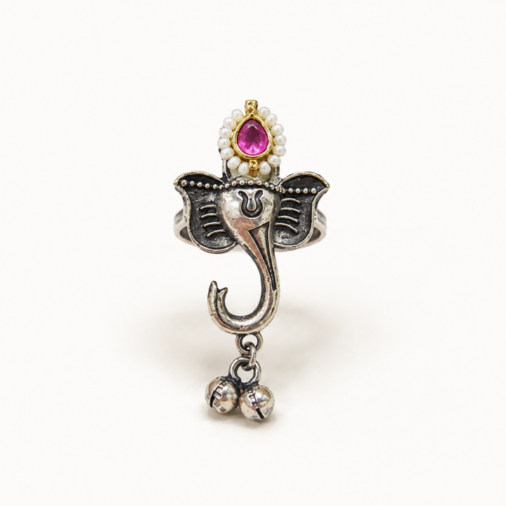 Antique Silver-Tone Elephant Pink Stone Charm Statement Ring