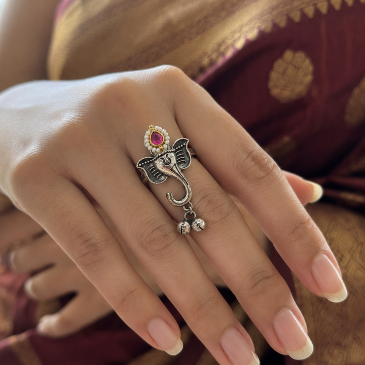 Antique Silver-Tone Elephant Pink Stone Charm Statement Ring
