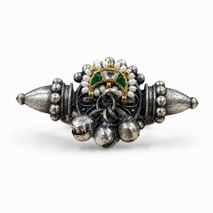 Antique Silver Pearl-Style Green Bell Fringe Statement Ring