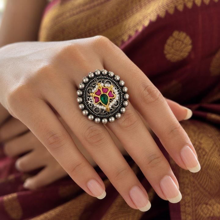 Antique Silver Pink & Green Floral Statement Ring