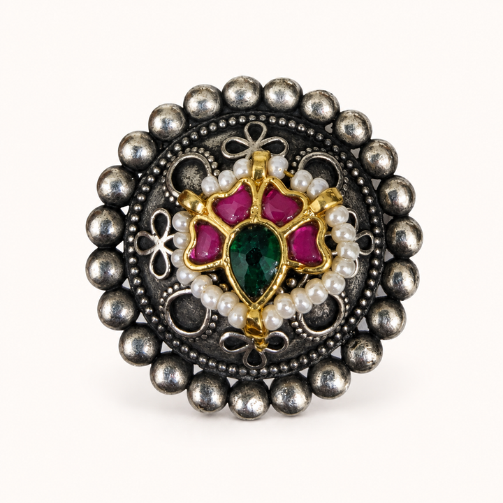 Antique Silver Pink & Green Floral Statement Ring