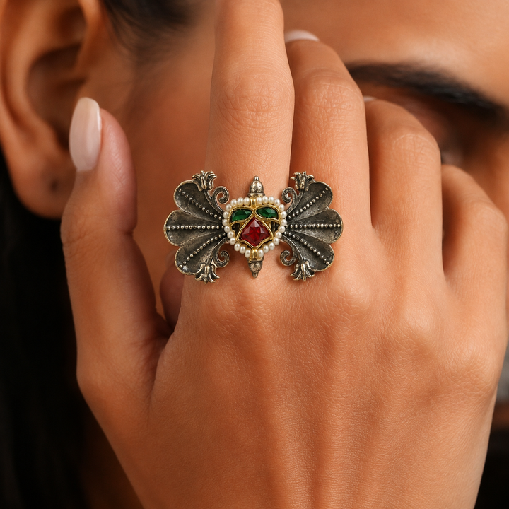 Antique Silver-Tone Wing Pearl-Style Statement Ring