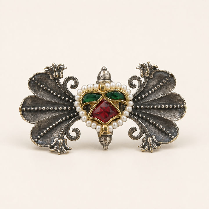 Antique Silver-Tone Wing Pearl-Style Statement Ring