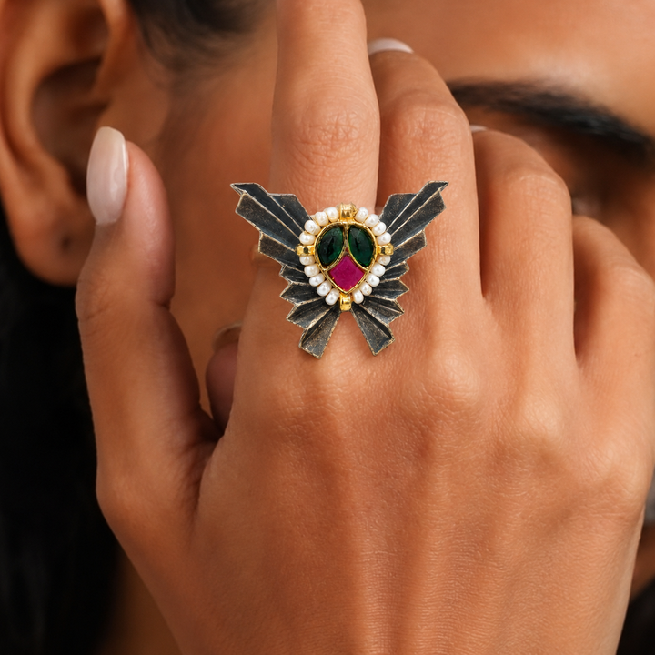 Oxidized Silver-Tone Pearl Wing Sculptural Statement Ring