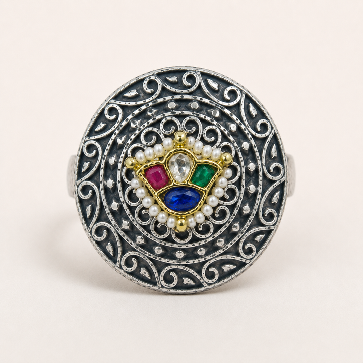 Antique Silver Multicolor Filigree Statement Ring