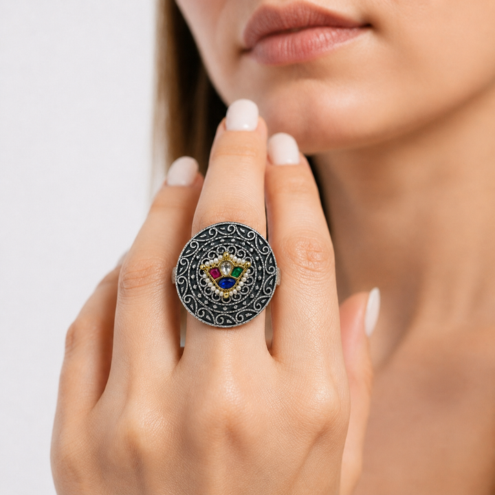 Antique Silver Multicolor Filigree Statement Ring