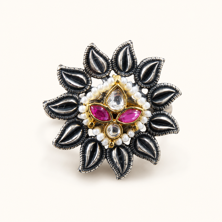 Oxidized Silver Maroon Pearl-Style Floral Statement Ring