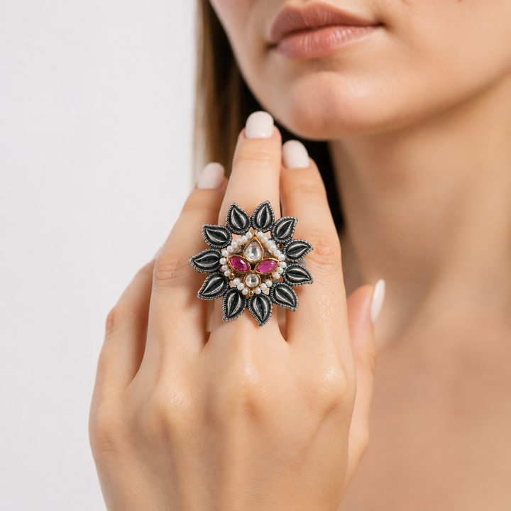 Oxidized Silver Maroon Pearl-Style Floral Statement Ring