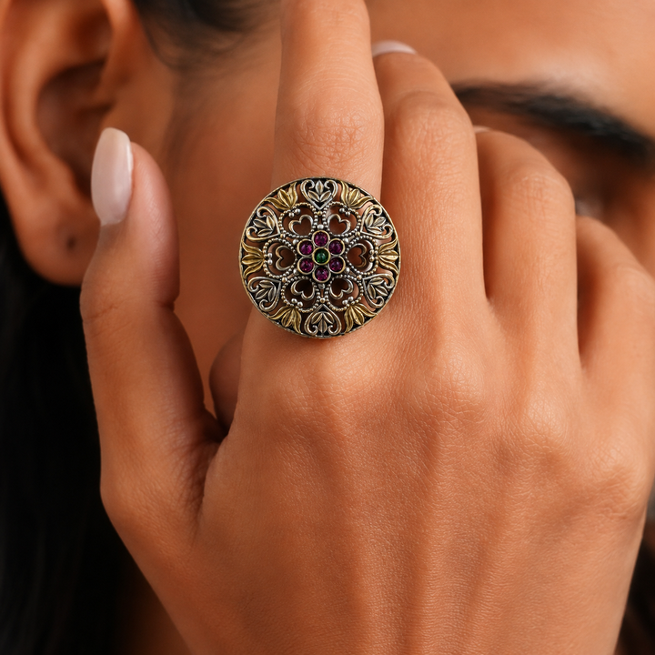 Two-Tone Blue Crystal-Style Filigree Statement Ring