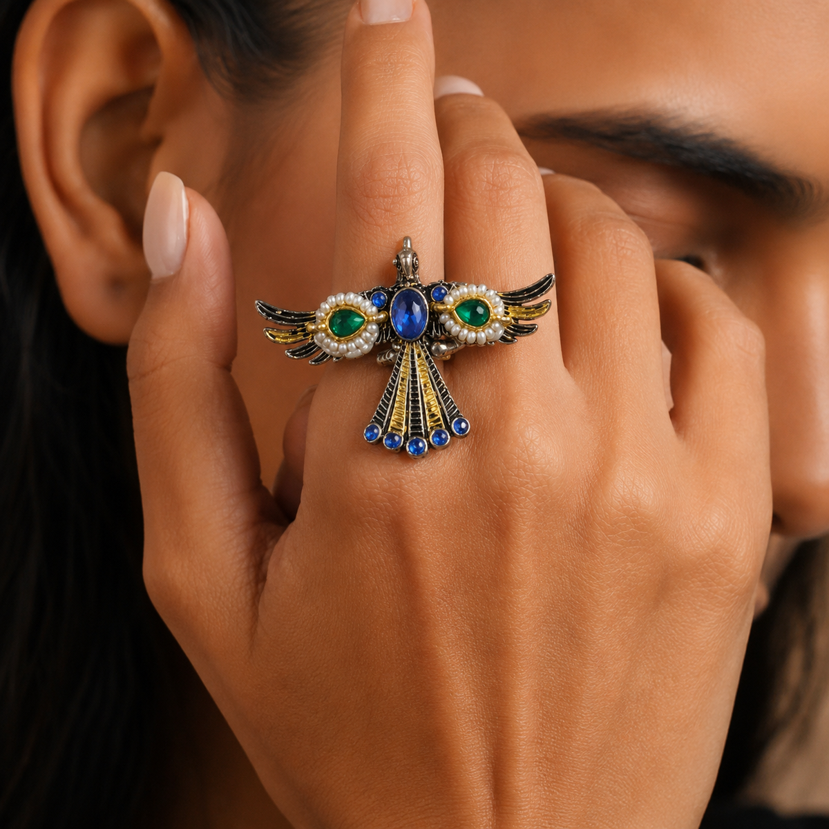 Blue-Green Winged Bird Pearl-Style Statement Ring