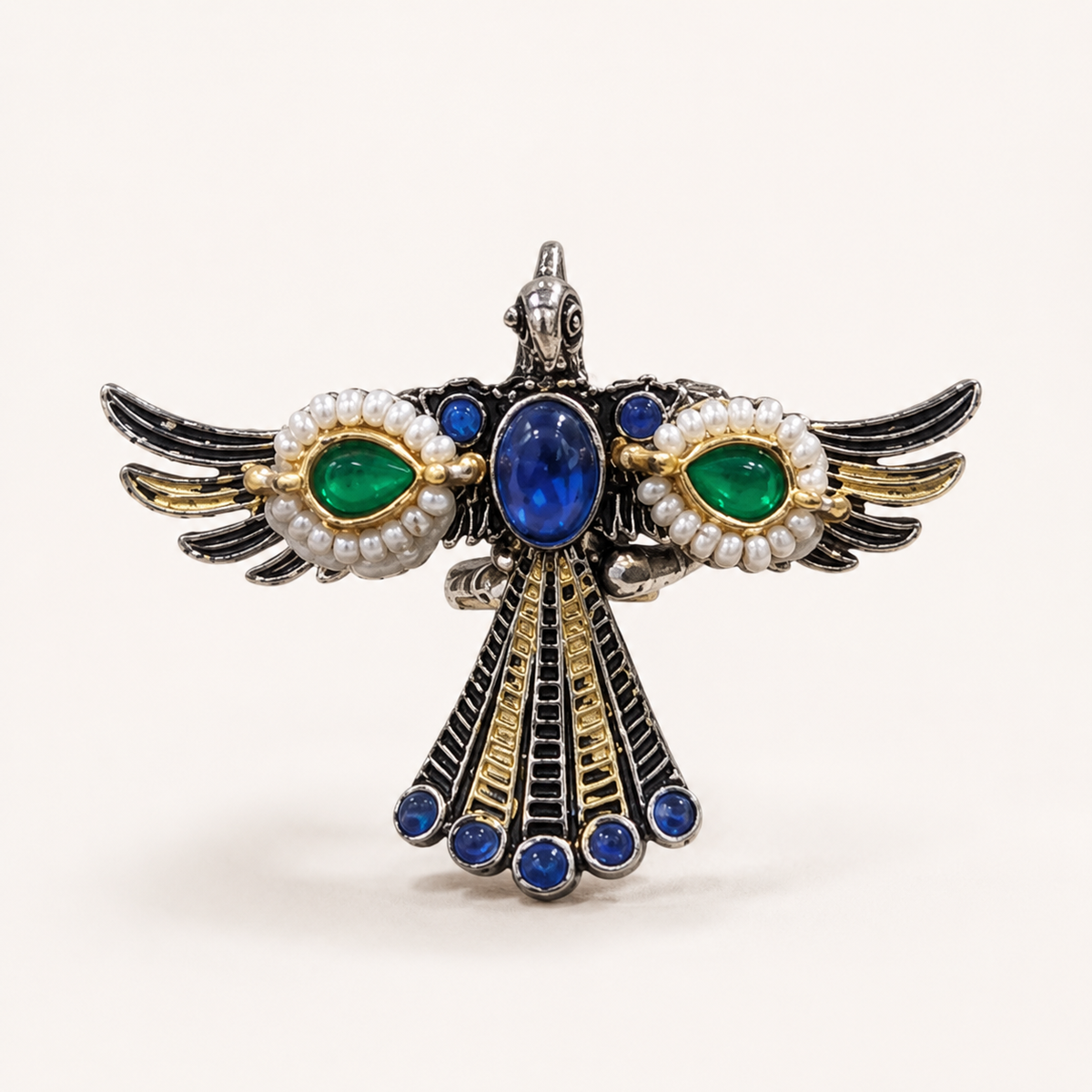 Blue-Green Winged Bird Pearl-Style Statement Ring
