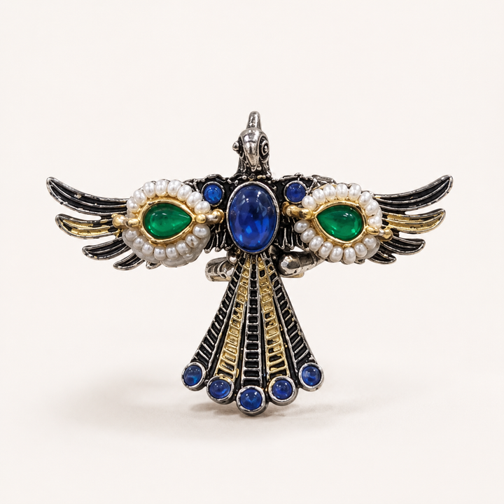 Blue-Green Winged Bird Pearl-Style Statement Ring