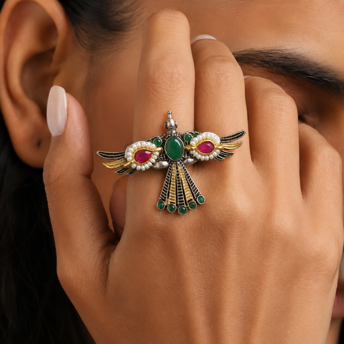 Antique Silver Peacock Wing Statement Ring with Green & Pink Accents