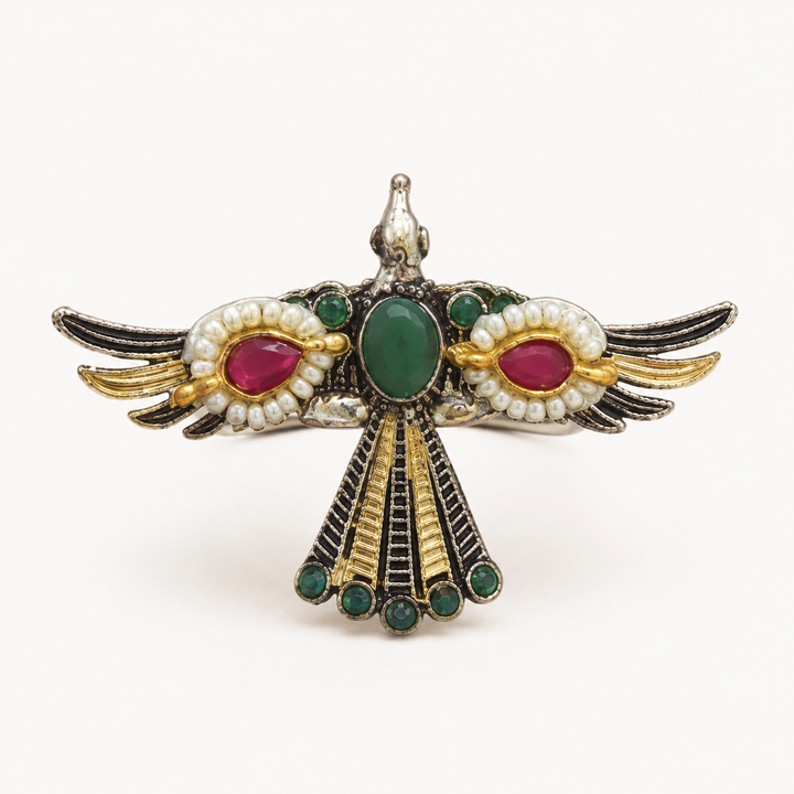 Antique Silver Peacock Wing Statement Ring with Green & Pink Accents