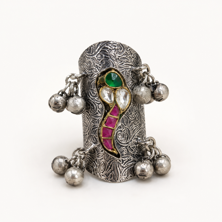Antique Silver-Tone Engraved Multicolor Statement Ring
