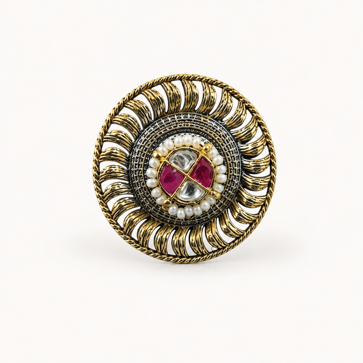 Antique Gold-Tone Pearl Halo Maroon Statement Ring