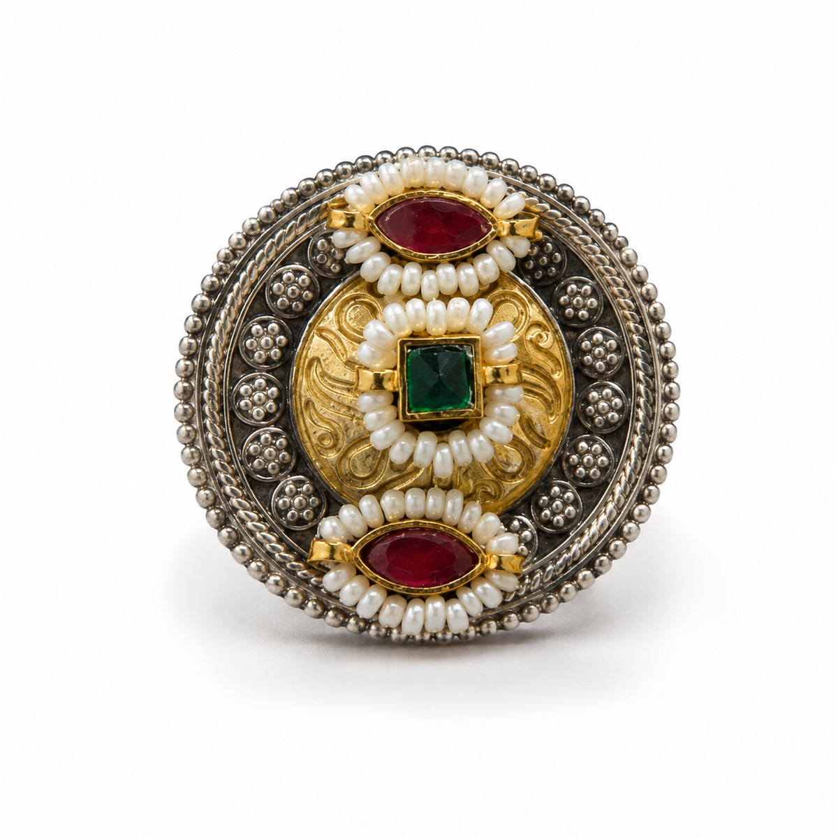 Maroon & Green Pearl-Style Medallion Statement Ring