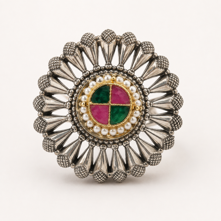 Antique Silver Multicolor Sunburst Statement Ring