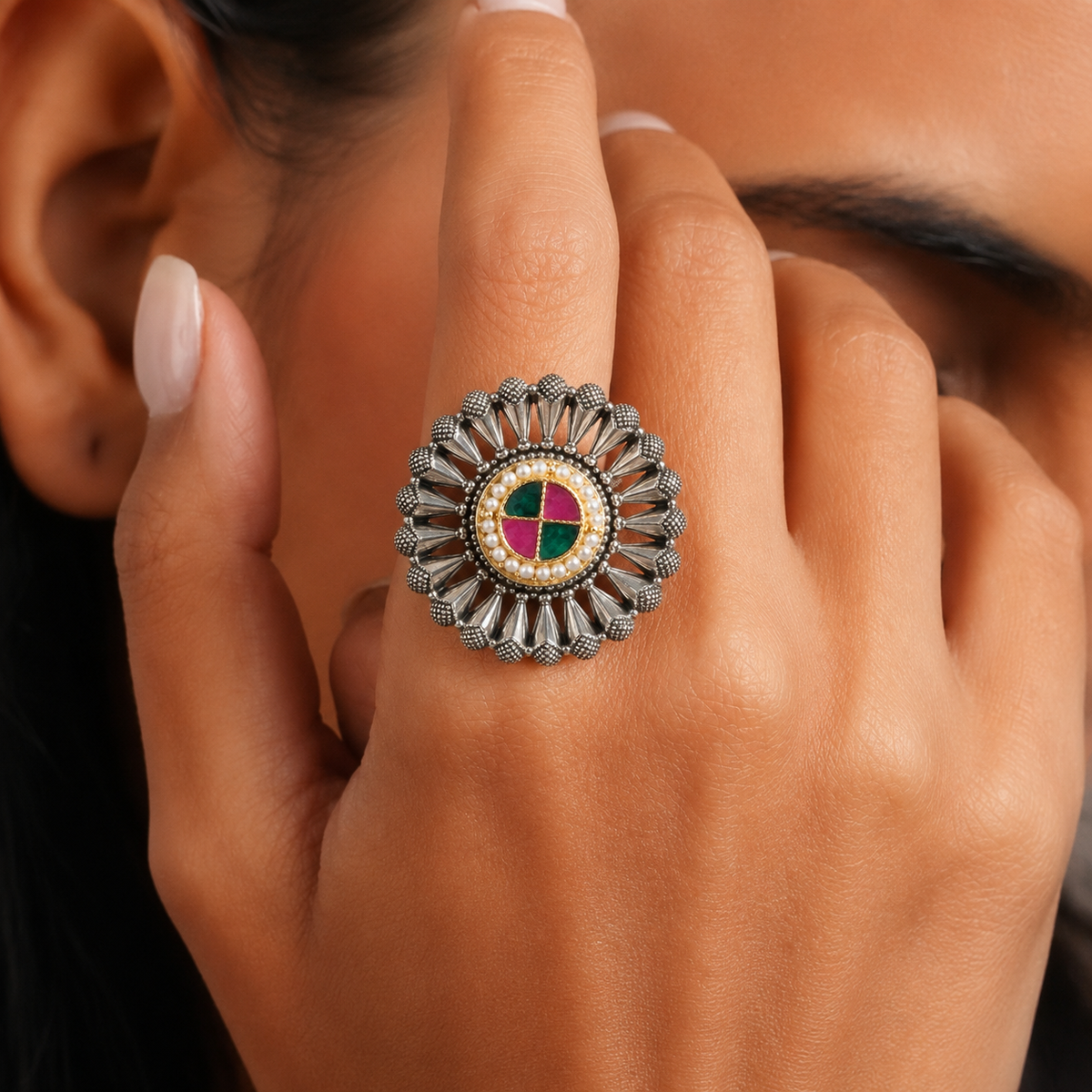 Antique Silver Multicolor Sunburst Statement Ring