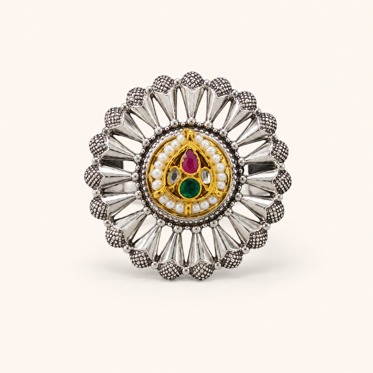 Two-Tone Sunburst Pearl-Style Medallion Statement Ring