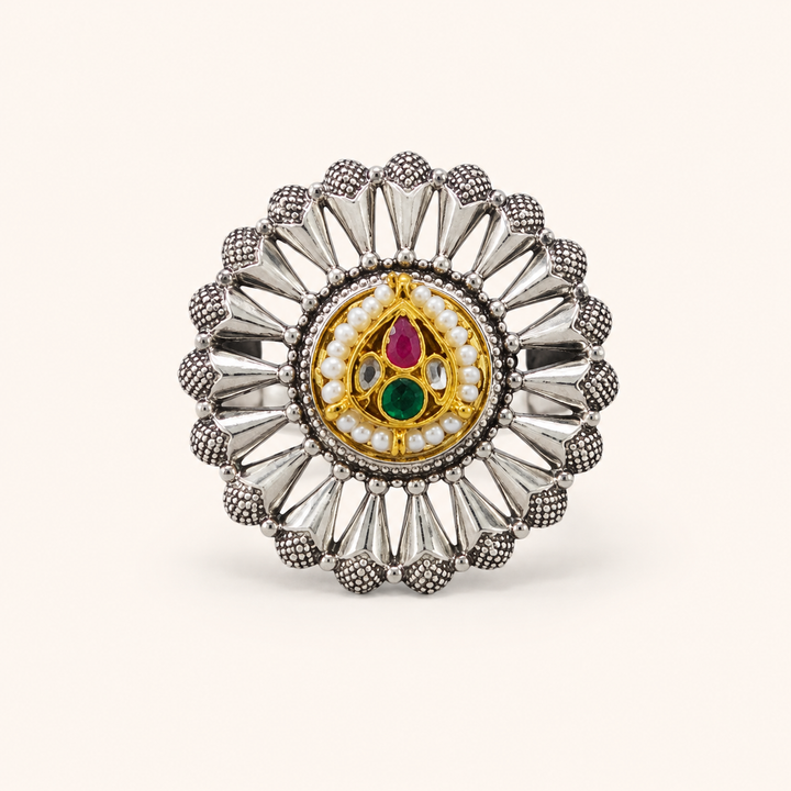 Two-Tone Sunburst Pearl-Style Medallion Statement Ring