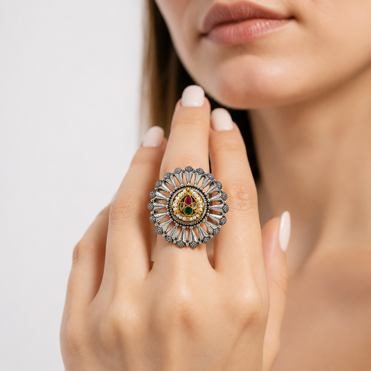 Two-Tone Sunburst Pearl-Style Medallion Statement Ring