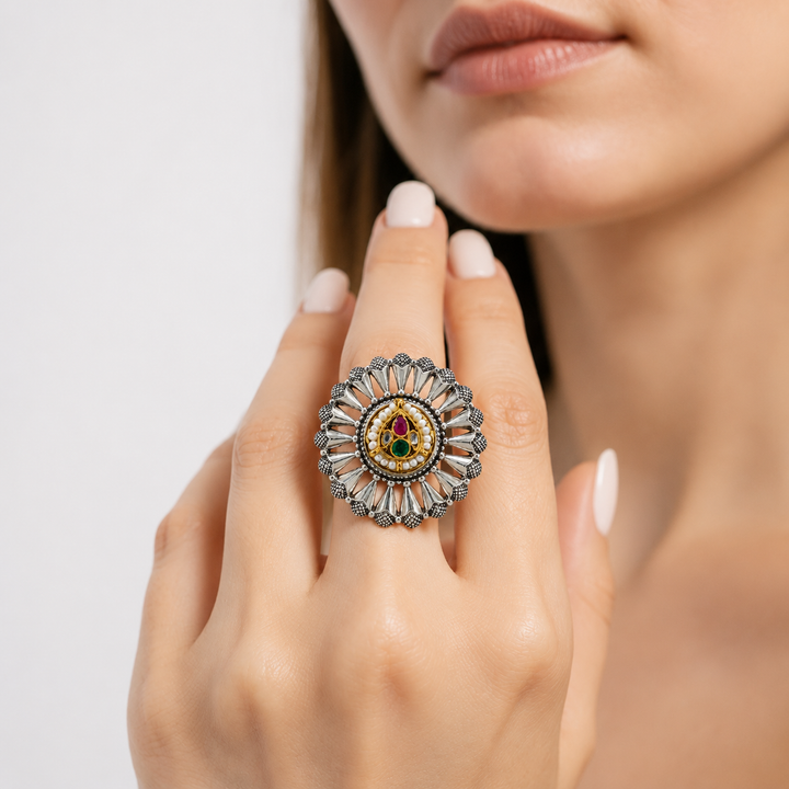 Two-Tone Sunburst Pearl-Style Medallion Statement Ring