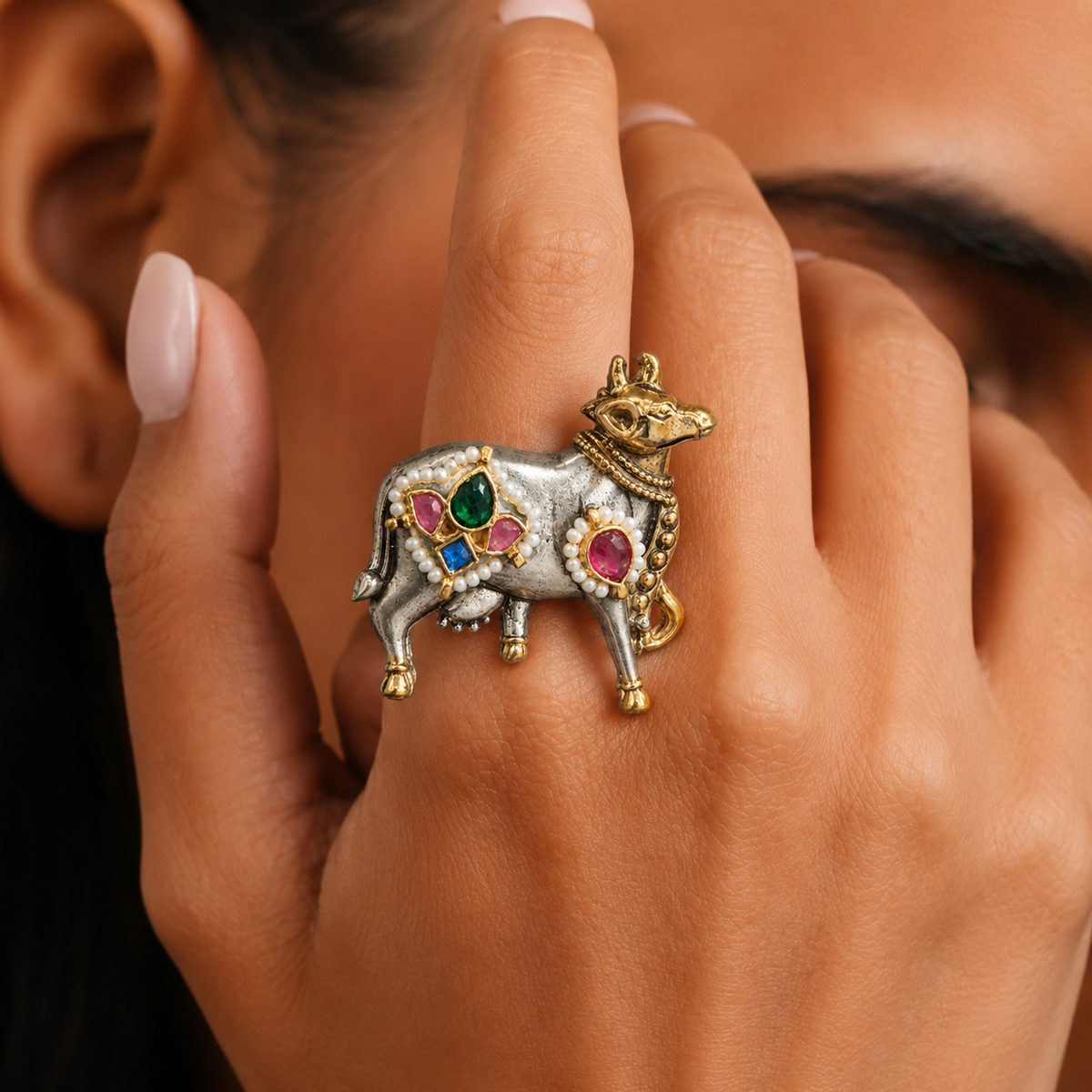Two-Tone Multicolor Cow Statement Ring