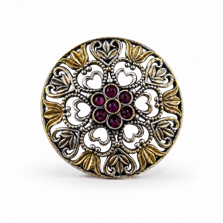 Two-Tone Maroon Floral Filigree Statement Ring
