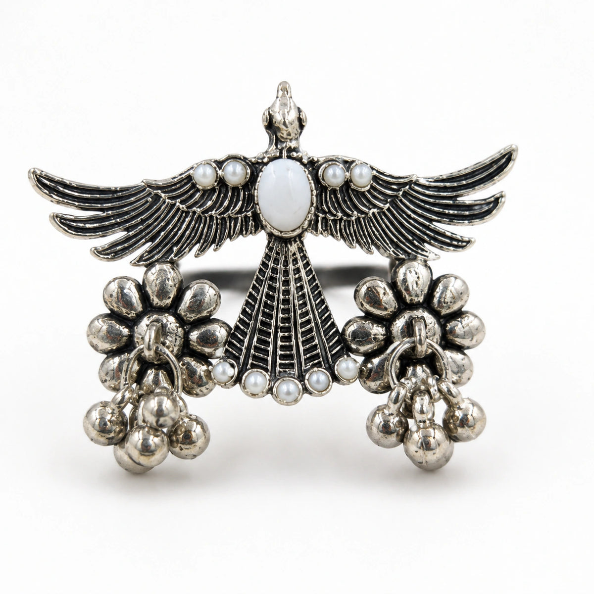 Antique Silver Winged Bird Pearl-Style Statement Ring