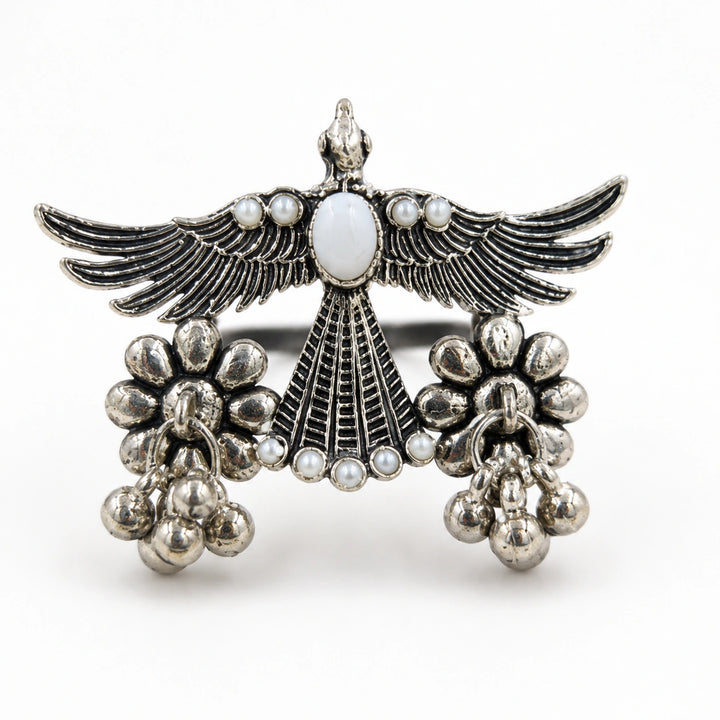 Antique Silver Winged Bird Pearl-Style Statement Ring