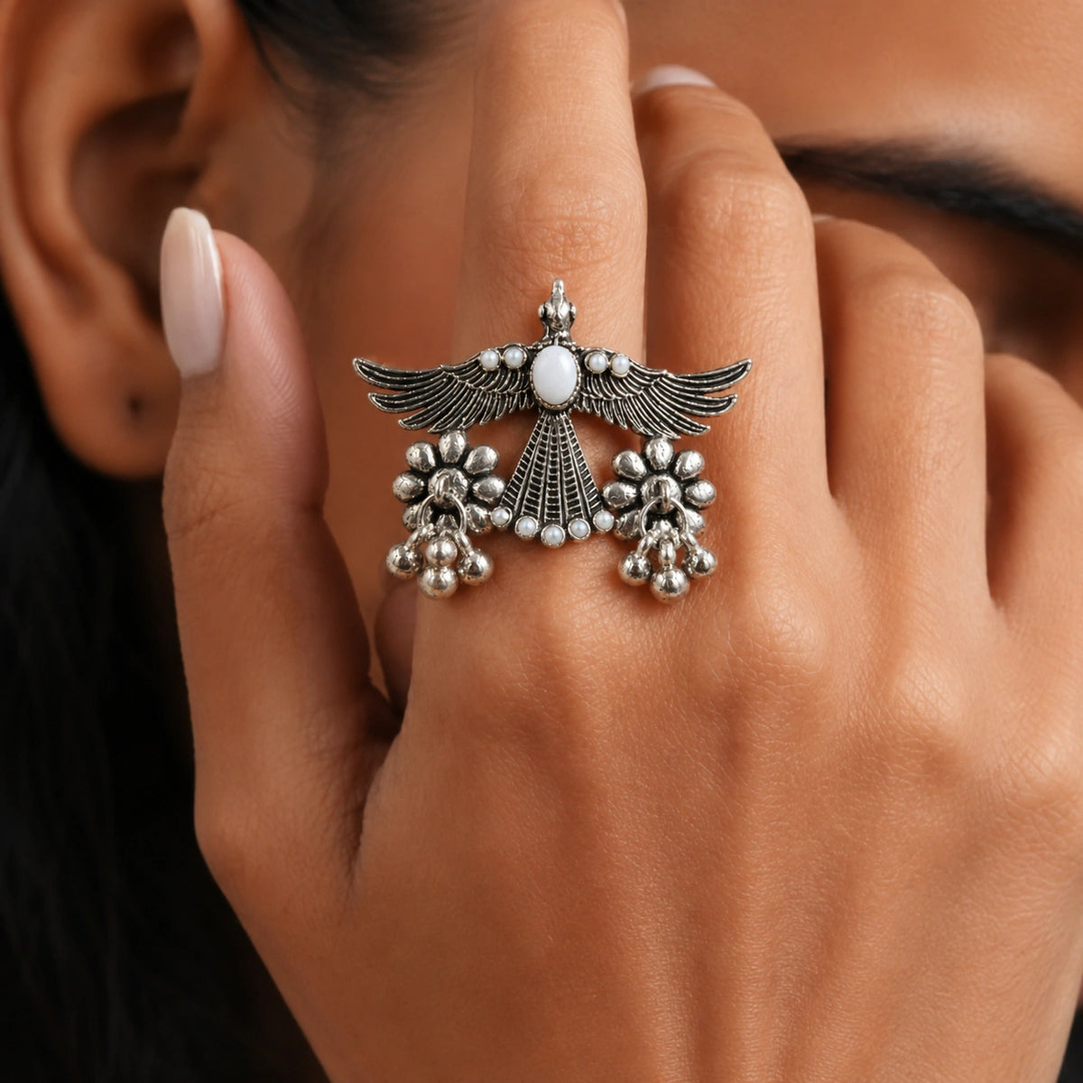 Antique Silver Winged Bird Pearl-Style Statement Ring
