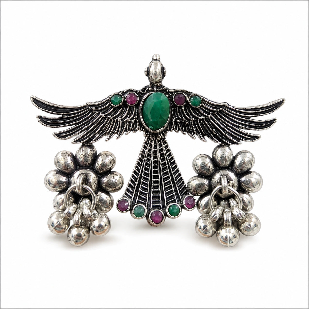 Oxidized Silver-Tone Winged Bird Statement Ring with Green Accent