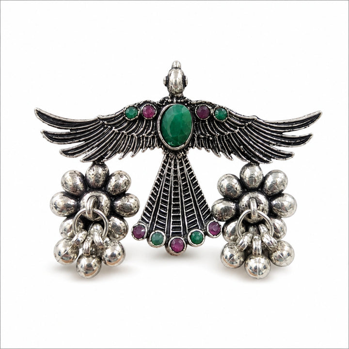 Oxidized Silver-Tone Winged Bird Statement Ring with Green Accent