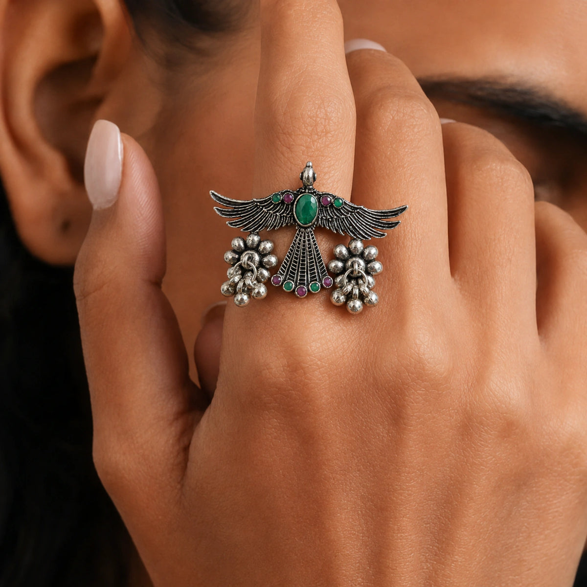 Oxidized Silver-Tone Winged Bird Statement Ring with Green Accent