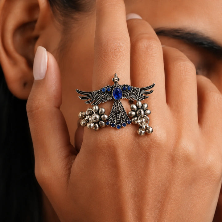 Blue Stone Winged Bird Antique Silver-Tone Statement Ring