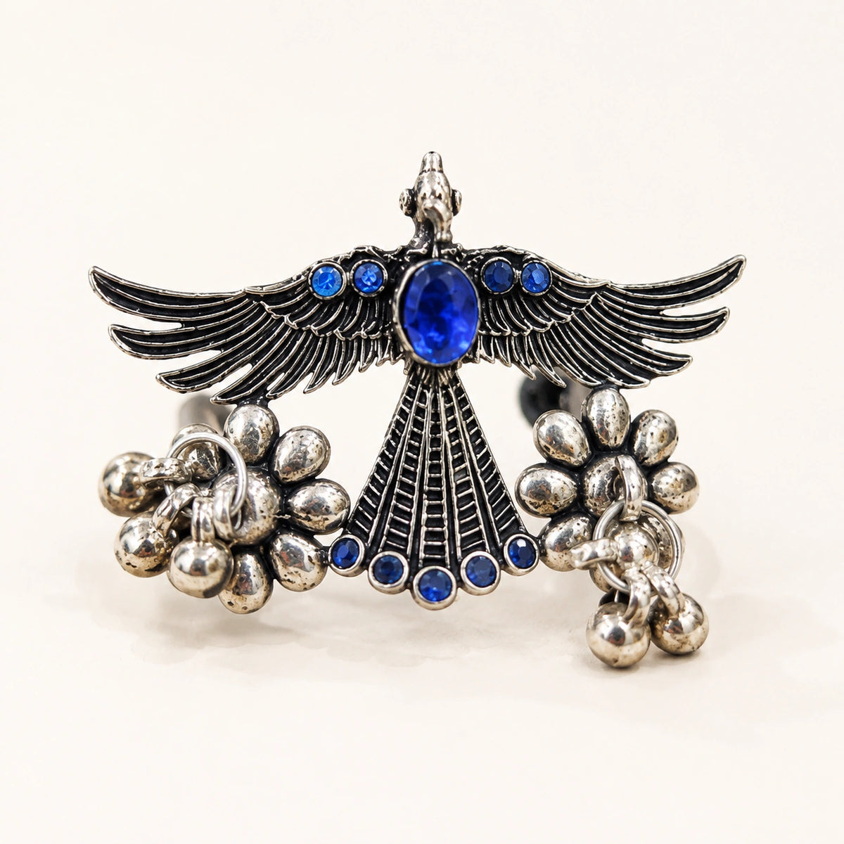 Blue Stone Winged Bird Antique Silver-Tone Statement Ring
