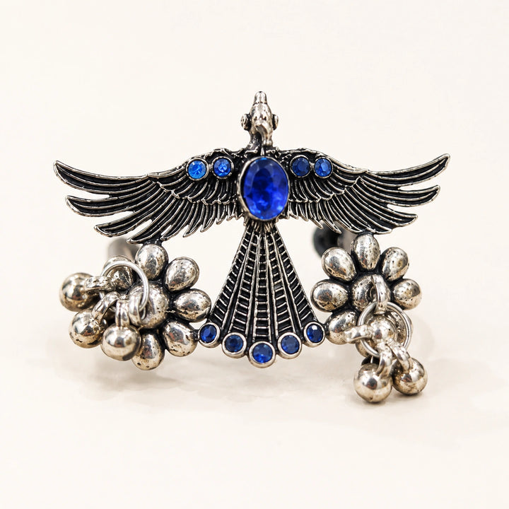 Blue Stone Winged Bird Antique Silver-Tone Statement Ring