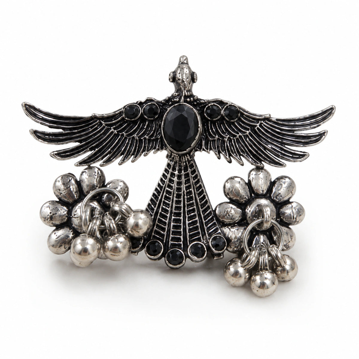 Antique Silver Winged Bird Black Accent Statement Ring