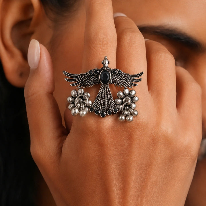 Antique Silver Winged Bird Black Accent Statement Ring