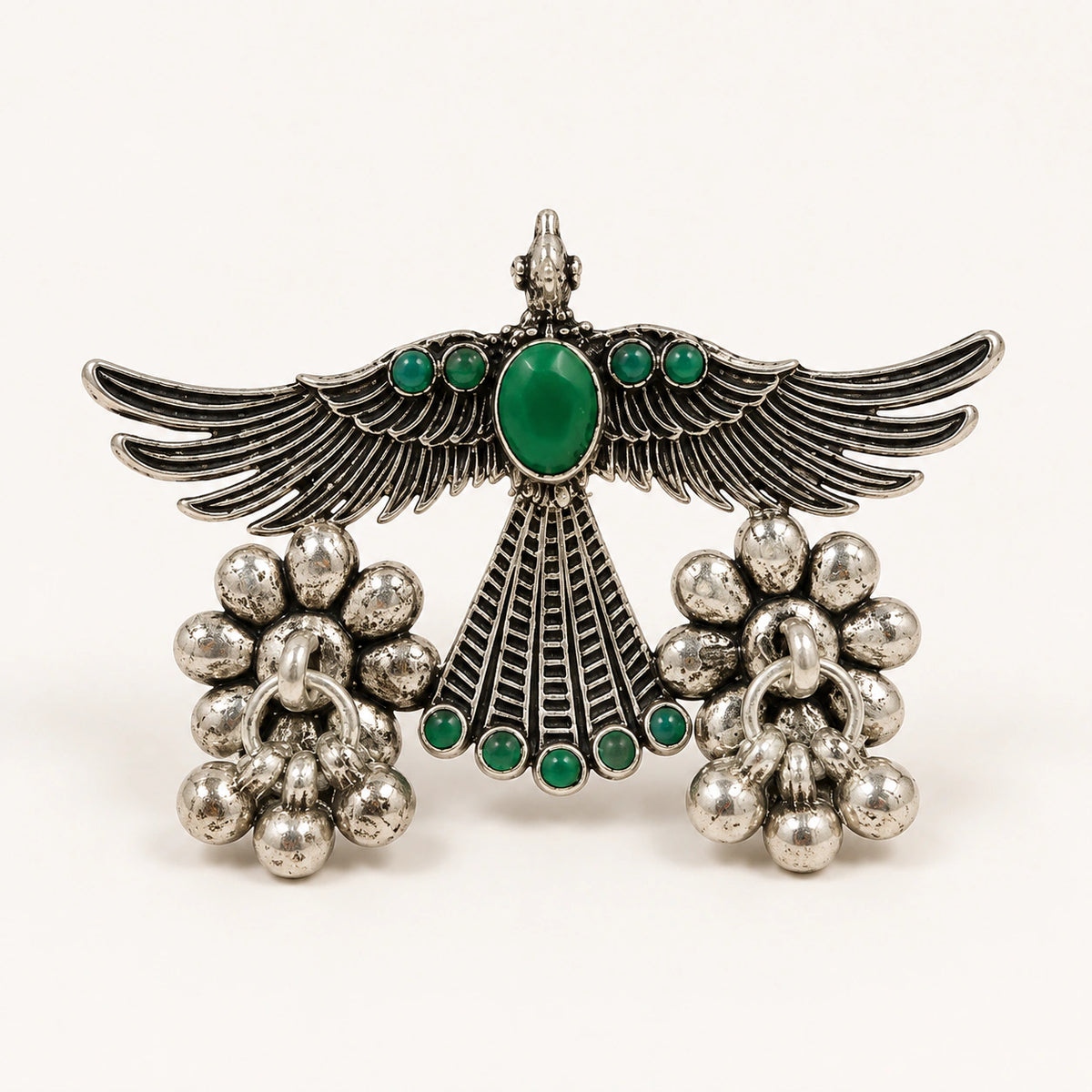 Green Winged Bird Antique Silver Statement Ring