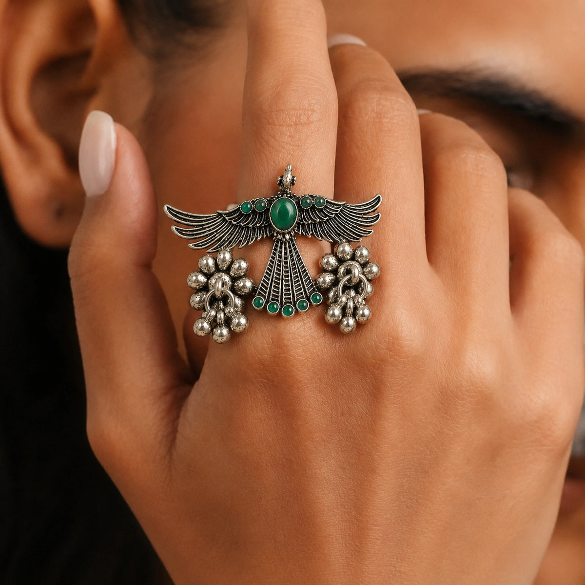 Green Winged Bird Antique Silver Statement Ring