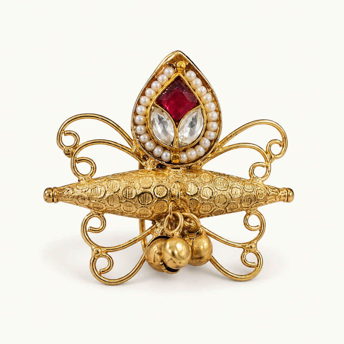Gold-Tone Pearl-Style Teardrop Filigree Statement Ring